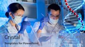  Presentation with clinical chemistry - Audience pleasing presentation design consisting of flasks making test or research backdrop and a light blue colored foreground