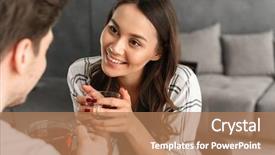  Presentation with looking glass - Slides with photo of beautiful smiling woman looking at man with love while sitting at table in flat and drinking tea from glass background and a coral colored foreground
