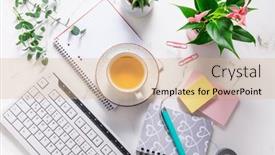  Presentation with business communication - Slide deck featuring flat-lay-home-business-desk background and a coral colored foreground