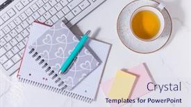  Presentation with business communication - Beautiful PPT theme featuring flat-lay-home-business-desk backdrop and a sky blue colored foreground