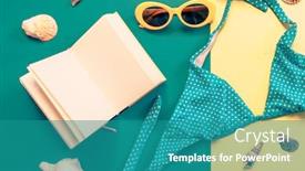  Presentation with passport - Beautiful presentation theme featuring flat lay of beach holiday items swimming suit sunglasses passport backdrop and a teal colored foreground