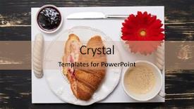  Presentation with croissant - Slide deck consisting of flat lay picture of cut croissant with strawberry jam filling and cup of coffee and jam background and a coral colored foreground