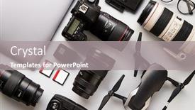  Presentation with smartwatch - Slide set consisting of flat lay shot of techno items for traveller with smartwatch mobile phone and wireless headphones background and a gray colored foreground