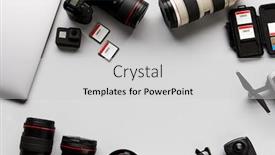  Presentation with flat - Beautiful slide deck featuring flat lay shot of techno items for traveller with smartwatch mobile phone and wireless headphones backdrop and a light gray colored foreground