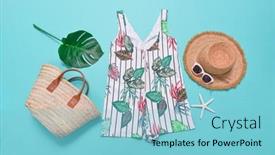  Presentation with fashion accessories - Colorful presentation design enhanced with flat-lay-summer-woman-fashion backdrop and a light blue colored foreground