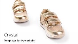  Presentation with sports shoes - Beautiful slide deck featuring flat lay the gold children's sports shoes isolated on a white background backdrop and a white colored foreground