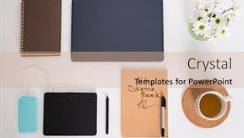  Presentation with green notebook - Colorful slides enhanced with flat-layout-of-cup backdrop and a coral colored foreground