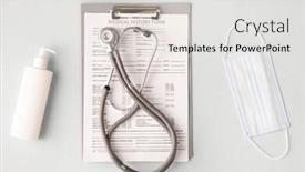  Presentation with medical clipboard - Slide deck featuring flat-layout-of-folded-stethoscope background and a light gray colored foreground