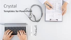  Presentation with medical desk - Colorful slide set enhanced with flat-layout-of-hands backdrop and a sky blue colored foreground