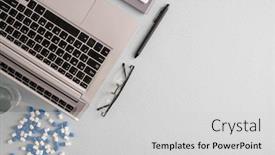 Presentation with medical laptop - Amazing slide set having flat-layout-of-pills-glass backdrop and a light gray colored foreground