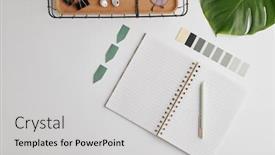  Presentation with green notebook - Colorful presentation enhanced with flat-layout-with-pen-open backdrop and a light gray colored foreground
