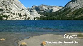  Presentation with yosemite - Slides consisting of flat shore of picturesque shallow lake at tioga pass in yosemite park background and a gray colored foreground