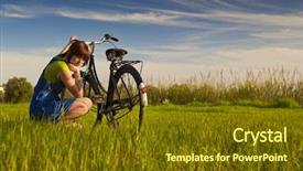  Presentation with bicycle - Presentation design consisting of flat tire - young woman really anoyed beacuse background and a  colored foreground
