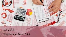  Presentation with accounting - Presentation theme with flat top view of businessman working and calculating finance reads and writes reports business financial accounting concept background and a coral colored foreground