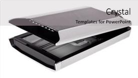  Presentation with scanner - Slide deck consisting of flatbed scanner isolated on white background and a light gray colored foreground