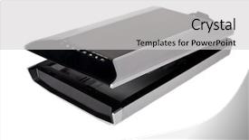  Presentation with scanner - Colorful slide deck enhanced with flatbed scanner isolated on white backdrop and a  colored foreground