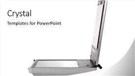  Presentation with scanner - Cool new slides with flatbed scanner isolated on white backdrop and a  colored foreground