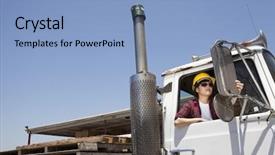  Presentation with logging truck - Slide deck with flatbed trucking - female industrial worker adjusting mirror background and a light blue colored foreground