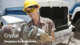  Presentation with truck - Cool new slide deck with flatbed trucking - female industrial worker buffing backdrop and a violet colored foreground