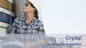  Presentation with trucking - Beautiful slide set featuring flatbed trucking - mid adult woman inspecting timber backdrop and a lemonade colored foreground