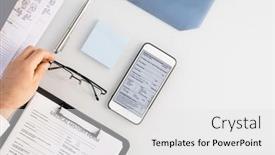  Presentation with medical clipboard - Cool new PPT layouts with flatlay-of-hand-of-doctor backdrop and a white colored foreground