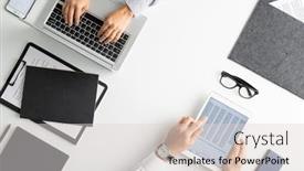  Presentation with data - PPT theme enhanced with flatlay-of-hands-of-contemporary background and a light gray colored foreground