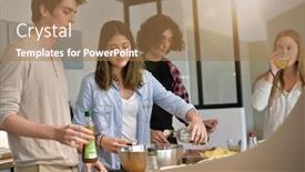  Presentation with cooking - PPT theme enhanced with flatmates-cooking-together-at-home background and a coral colored foreground