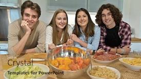  Presentation with cooking - Audience pleasing slide set consisting of flatmates-enjoying-cooking-together backdrop and a coral colored foreground