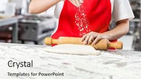  Presentation with messy - Colorful presentation design enhanced with flattened - midsection of female chef sprinkling backdrop and a  colored foreground