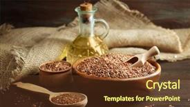  Presentation with oil seeds - Theme consisting of flax seeds and oil on wooden table background closeup background and a tawny brown colored foreground