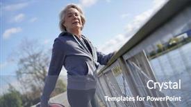  Presentation with flexible - Slides having flexible senior woman stretching outdoors background and a  colored foreground