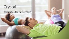  Presentation with group fitness - PPT theme with flexing abdominal muscles on fitball background and a sky blue colored foreground