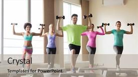  Presentation with aerobics - Slide set consisting of flexing muscles on step platform background and a mint green colored foreground