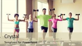  Presentation with group fitness - Cool new slide set with flexing muscles on step platform backdrop and a lemonade colored foreground