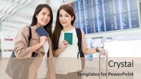  Presentation with travel friends - Colorful PPT theme enhanced with flight arrivals information - friends go travel together backdrop and a coral colored foreground