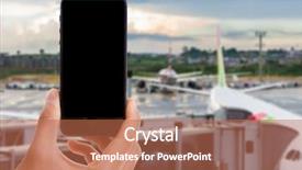  Presentation with mobile phone in woman hand - Presentation theme with flight board - hand holding mobile smart phone background and a coral colored foreground