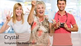  Presentation with tourist - Audience pleasing presentation theme consisting of flight board - portrait of happy tourist family backdrop and a coral colored foreground