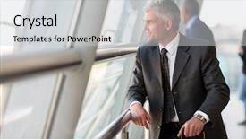  Presentation with traveler - Presentation theme having flight deck - thoughtful senior business traveler background and a light gray colored foreground