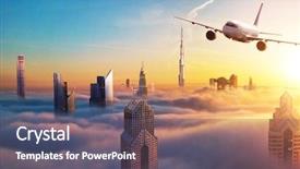  Presentation with commercial - Presentation theme featuring flight gear - commercial airplane flying above clouds background and a gray colored foreground