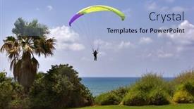  Presentation with parachute - Colorful presentation enhanced with flight on an operated parachute along coast of mediterranean sea backdrop and a light blue colored foreground
