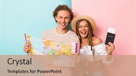  Presentation with passport travel - Theme enhanced with flight tickets and travel map background and a coral colored foreground