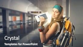  Presentation with traveler - PPT theme having flights - happy traveler woman is waiting background and a dark gray colored foreground