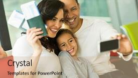  Presentation with taking flight - Beautiful slides featuring flights tickets - beautiful family taking selfie backdrop and a soft green colored foreground