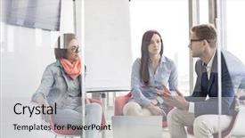  Presentation with meeting - Audience pleasing PPT theme consisting of flip chart - business people discussing in meeting backdrop and a light gray colored foreground