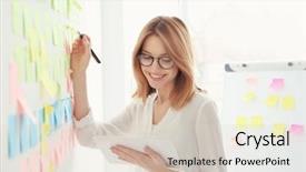  Presentation with tablet - PPT theme with flip chart - young woman holding tablet background and a lemonade colored foreground