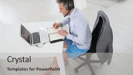  Presentation with video enhanced - Slide set having flip flops - businessman on video meeting background and a light gray colored foreground