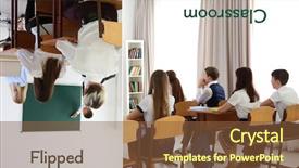  Presentation with school children - Amazing PPT theme having flipped classroom concept children backdrop and a tawny brown colored foreground