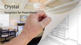  Presentation with turning page - Slide set consisting of flipping houses - male hand turning page background and a soft green colored foreground