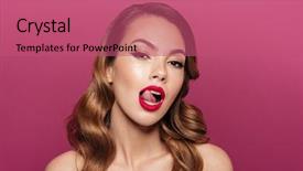  Presentation with lady - Amazing PPT theme having flirt - young beautiful focused lady backdrop and a coral colored foreground