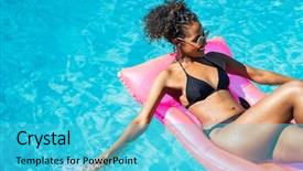  Presentation with black luxury fashion - Colorful presentation design enhanced with float - young woman in bikini floating backdrop and a cyan colored foreground